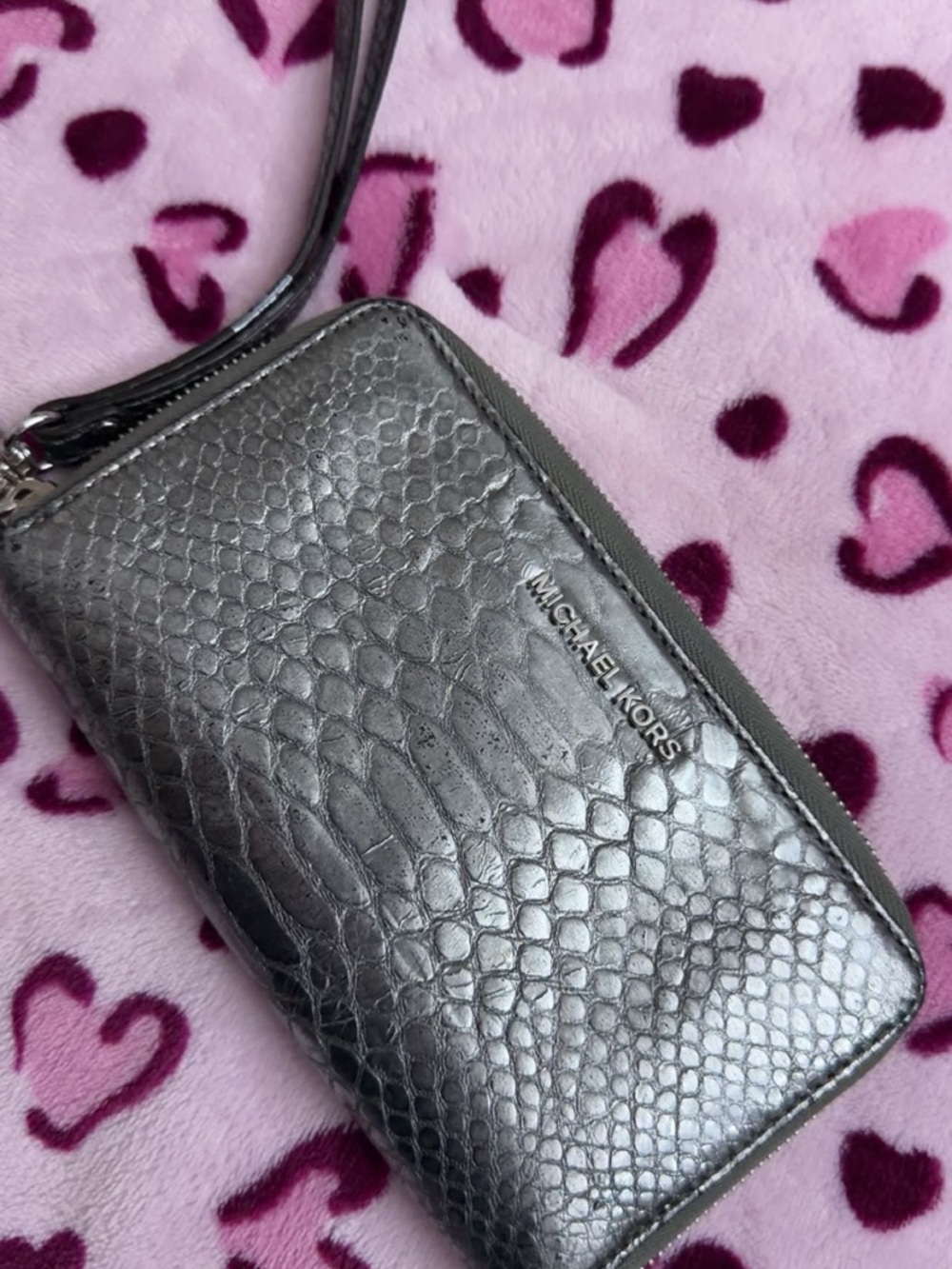 Michael Kors Metallic Silver Snake-Embossed Wristlet Clutch